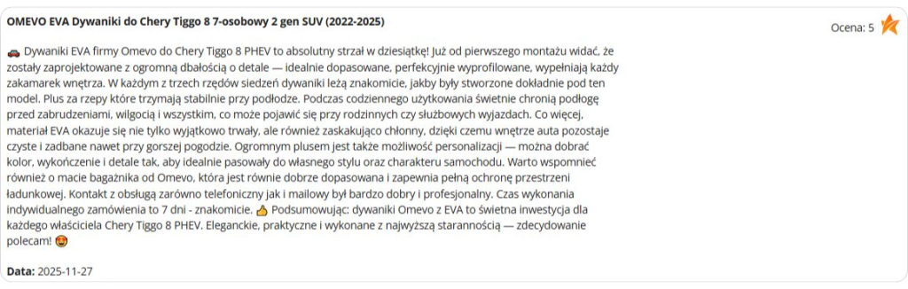 Opinia klienta OMEVO o dywanikach do Chery Tiggo