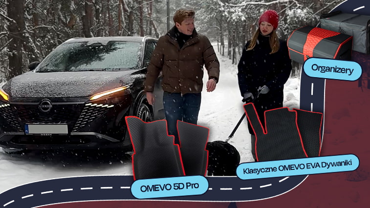 Walentynkowy prezent OMEVO – para spacerująca zimą przy samochodzie z dywanikami EVA OMEVO 5D Pro i organizerem bagażnika